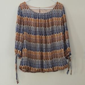 CJ Banks 1X Blue Orange Paisley Bubble Hem Blouse Tie Sleeve Boho Plus Size